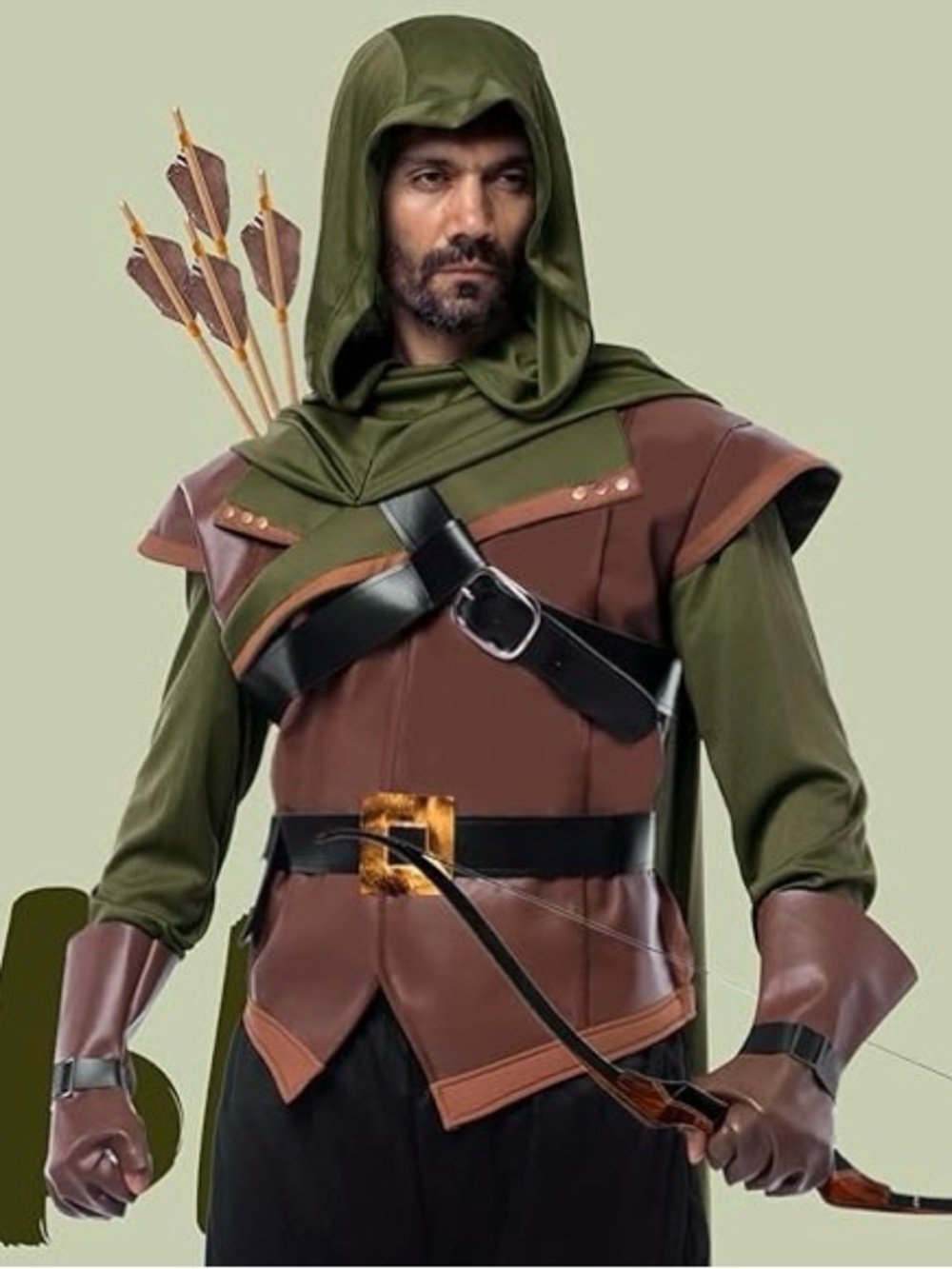 Men's Hooded Archer Shirt in Green & Brown Faux leather vest - Renaissance Faire
